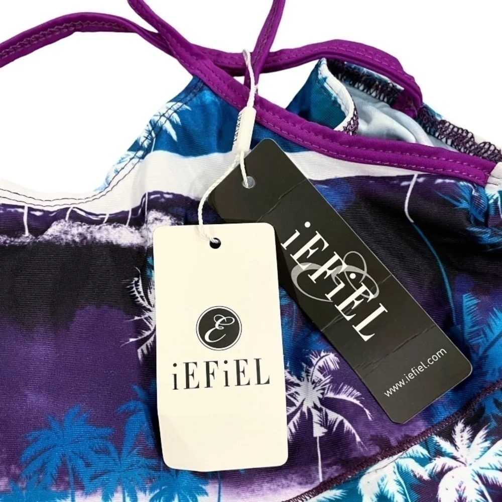 Iefiel Girls Med Swimsuit Tankini Tropical Palm Flounce Top Brief Blue Purple